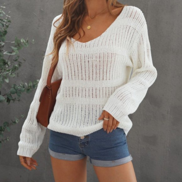 Long Sleeve V-Neck Open Knit Pullover Sweater off-white - Picture 3 of 12